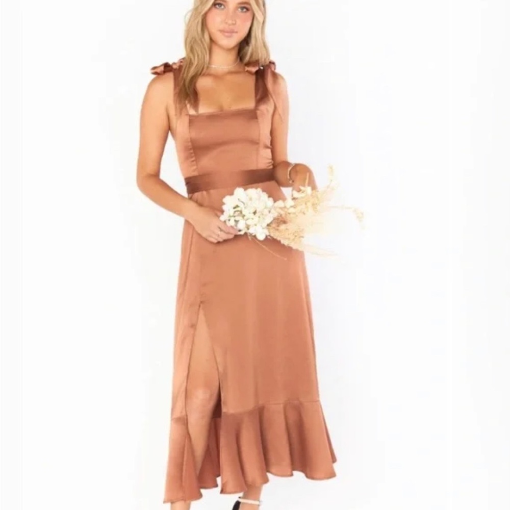 Bronze/copper Show Me Your MuMu satin dress| Size Small | comes with tie belt